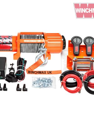 WINCHMAX 5,000LB (2,268KG) ORIGINAL ORANGE 12V WINCH. 15M X 5MM STEEL ROPE, 1/4 INCH CLEVIS HOOK, TWIN REMOTE CONTROLS.