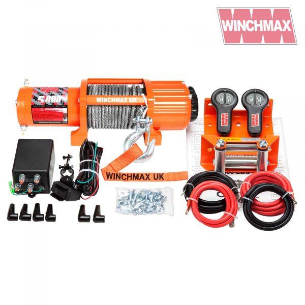 WINCHMAX 5,000LB (2,268KG) ORIGINAL ORANGE 12V WINCH. 15M X 5MM STEEL ROPE, 1/4 INCH CLEVIS HOOK, TWIN REMOTE CONTROLS.