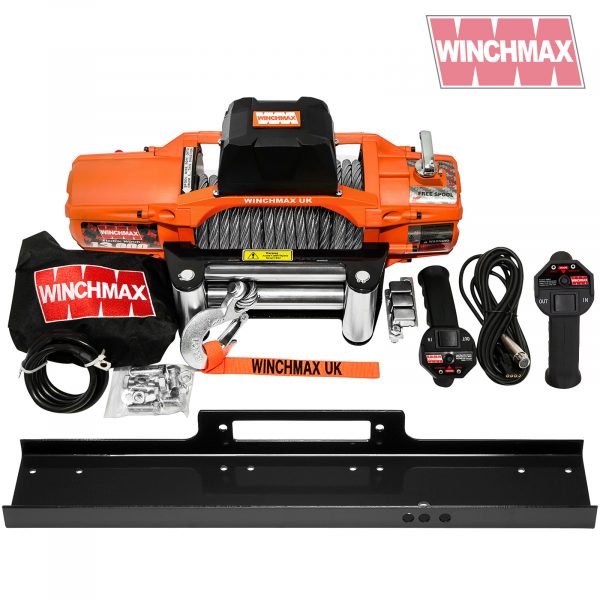 WINCHMAX 13,500LB (6,123KG) ‘SL SERIES’ ORIGINAL ORANGE 12V WINCH, 24M X 9.5MM STEEL ROPE, MOUNTING PLATE, REMOTE CONTROLS.