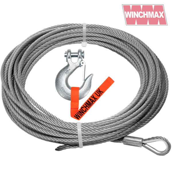 WINCHMAX STEEL ROPE 26M X 9.5MM, HOLE FIX. 3/8 INCH CLEVIS HOOK. FOR WINCHES UP TO 13,500LB.