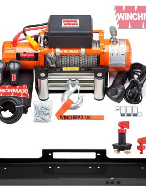WINCHMAX 13,500LB (6,123KG) ORIGINAL ORANGE 12V ELECTRIC WINCH. 26M X 9.5MM STEEL ROPE, MOUNTING PLATE, BATTERY ISOLATOR.