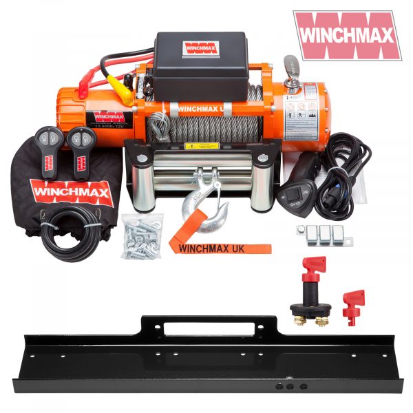 WINCHMAX 13,500LB (6,123KG) ORIGINAL ORANGE 12V ELECTRIC WINCH. 26M X 9.5MM STEEL ROPE, MOUNTING PLATE, BATTERY ISOLATOR.