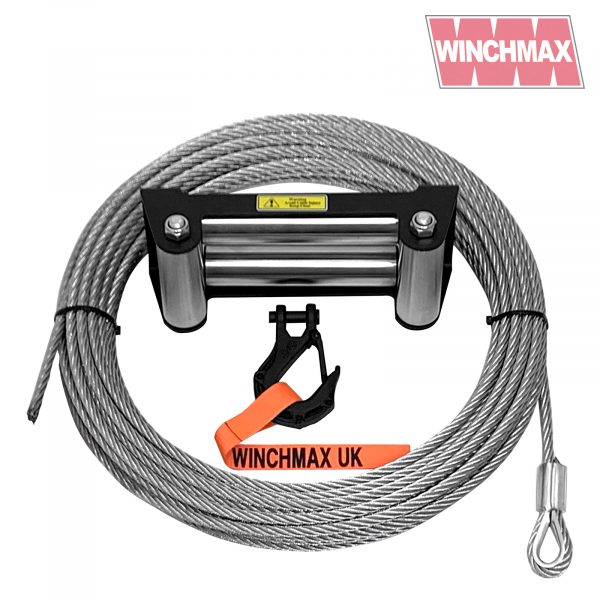 WINCHMAX STEEL ROPE 26M X 9.5MM, HOLE FIX. ROLLER FAIRLEAD. 3/8 INCH TACTICAL HOOK. FOR WINCHES UP TO 13,500LB.