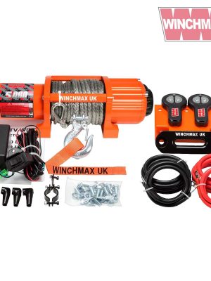 WINCHMAX 5,000LB (2,268KG) ORIGINAL ORANGE 12V WINCH. 15.5M X 5MM DYNEEMA ROPE, 1/4 INCH CLEVIS HOOK, TWIN REMOTE CONTROLS.