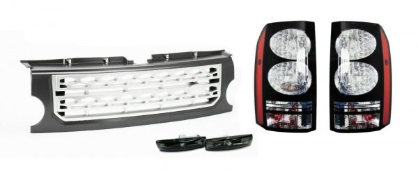 DISCOVERY 3 BLACK LED TAIL LIGHTS, FRONT GREY & SILVER GRILLE UPGRADE KIT