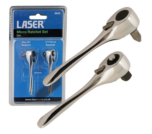 2 Piece Set Micro Ratchet + Bit Driver 1/4 Drive 80mm Laser Tool Brand 5822