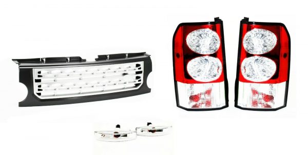 DISCOVERY 3 CLEAR LED TAIL LIGHTS, FRONT GREY & SILVER GRILLE UPGRADE KIT