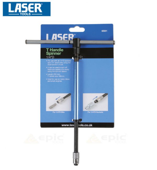 LASER 250mm Sliding T Handle Bar 1/4" Sq Dr Socket/Screwdriver Bit Spinner 6581