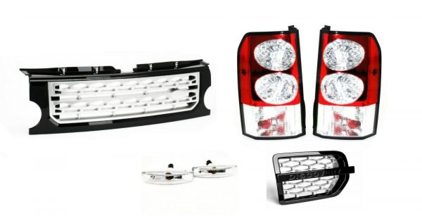 LR DISCOVERY 3 CLEAR LED TAIL LIGHTS FRONT BLACK & SILVER GRILLE KIT & VENT